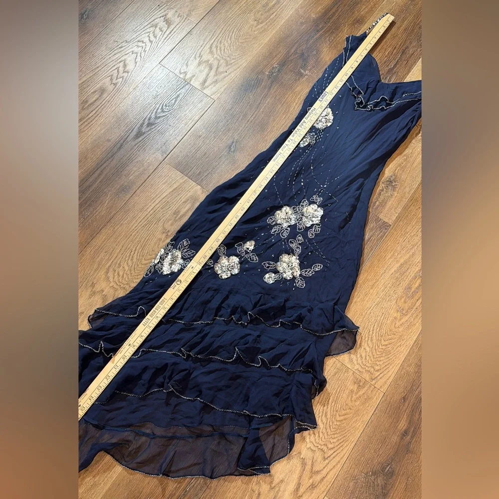 Vintage Y2K 100% Silk Beaded Dress Blue Floral Beaded Fairy Ruffle Prom Dress - Picture 8 of 16